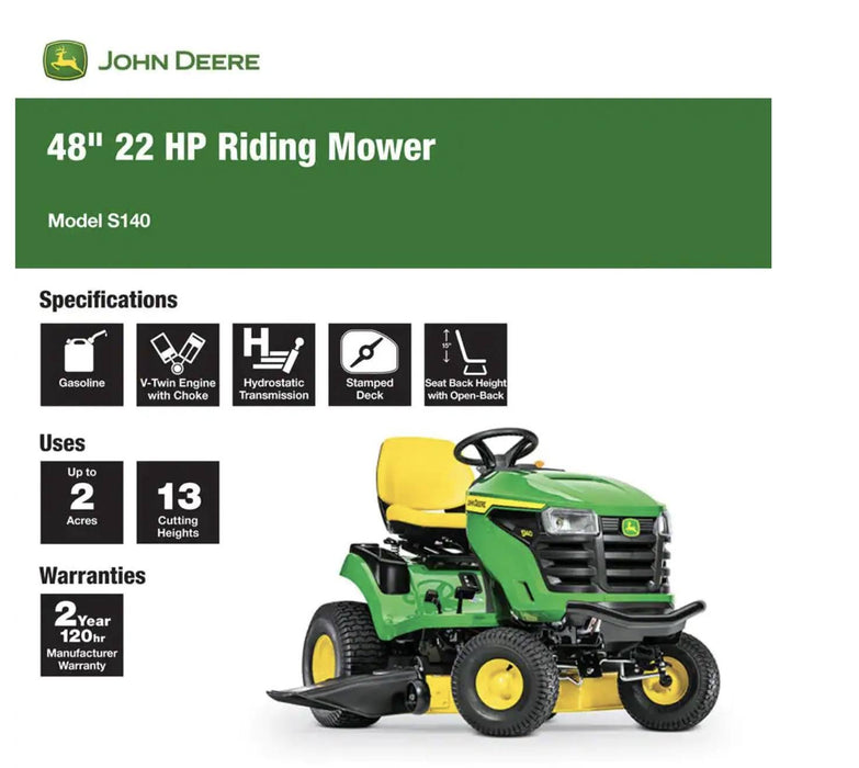 John Deere S140 48 in. 22 HP V-Twin GAS Hydrostatic Riding Lawn Tractor