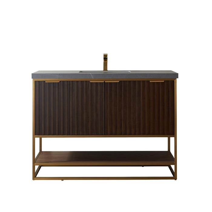 Vinnova Donostia 48" Vanity in Walnut with Grey Composite Armani limestone board stone countertop With Mirror  737048-NLW-ALB