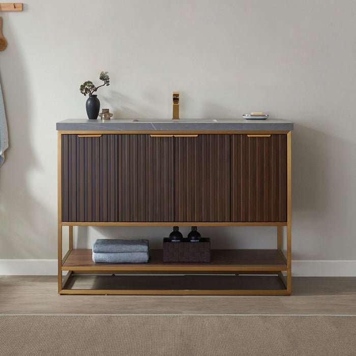 Vinnova Donostia 48" Vanity in Walnut with Grey Composite Armani limestone board stone countertop With Mirror  737048-NLW-ALB
