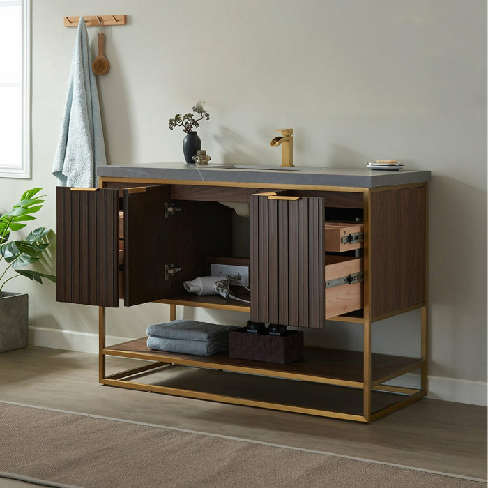 Vinnova Donostia 48" Vanity in Walnut with Grey Composite Armani limestone board stone countertop With Mirror  737048-NLW-ALB