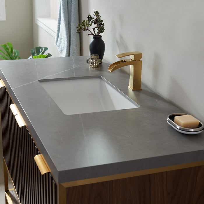 Vinnova Donostia 48" Vanity in Walnut with Grey Composite Armani limestone board stone countertop With Mirror  737048-NLW-ALB