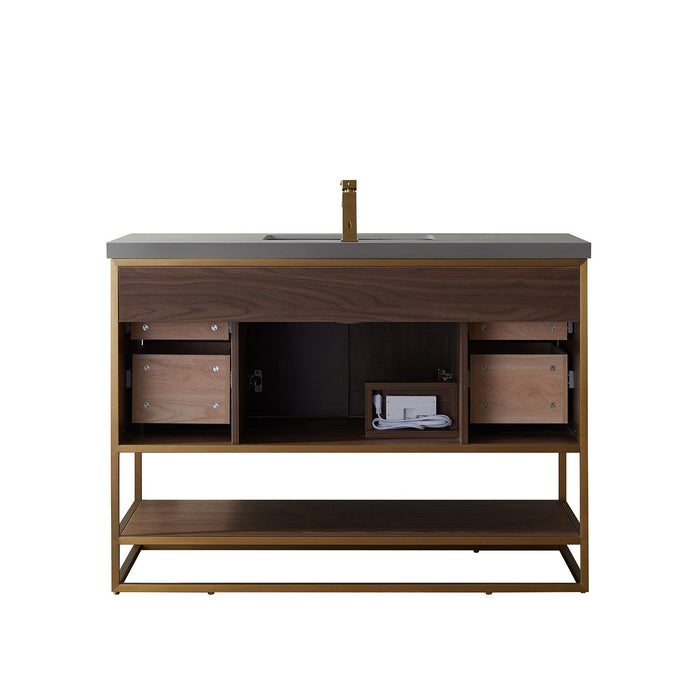 Vinnova Donostia 48" Vanity in Walnut with Grey Composite Armani limestone board stone countertop With Mirror  737048-NLW-ALB