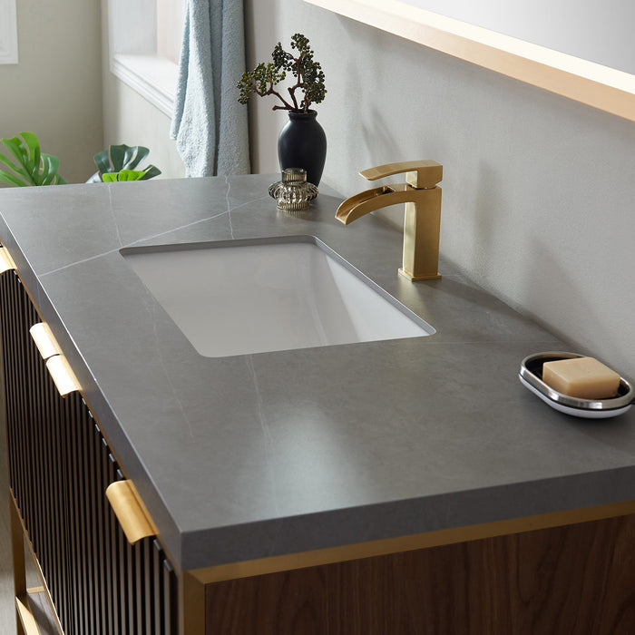 Vinnova Donostia 48" Vanity in Walnut with Grey Composite Armani limestone board stone countertop With Mirror  737048-NLW-ALB