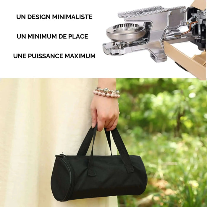 Person holding a small black bag, emphasizing compact design, minimal space usage, and maximum power efficiency.