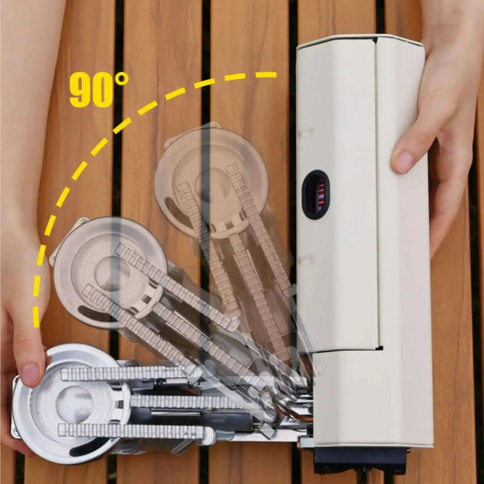 Automatic foldable kitchen faucet with 90-degree rotation demonstration on wooden counter.
